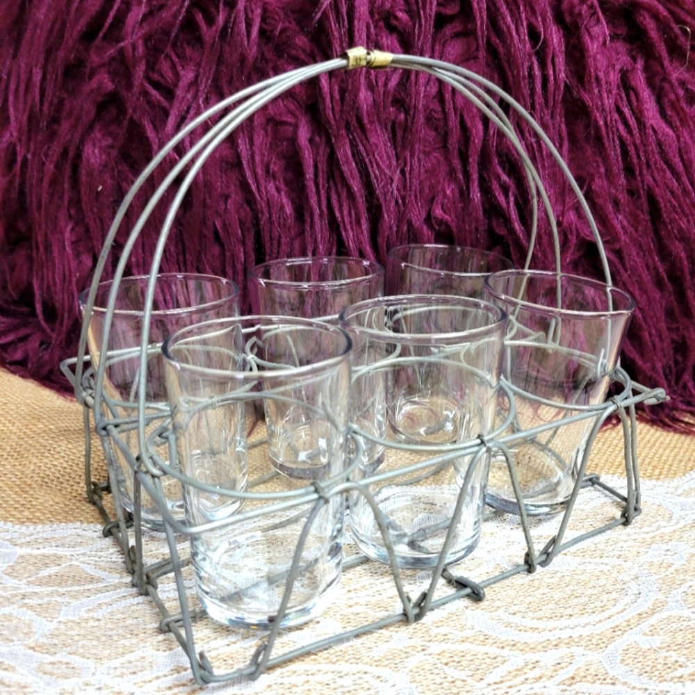 Antique circa late 1800s set of 6 bistro juice glasses and caddy